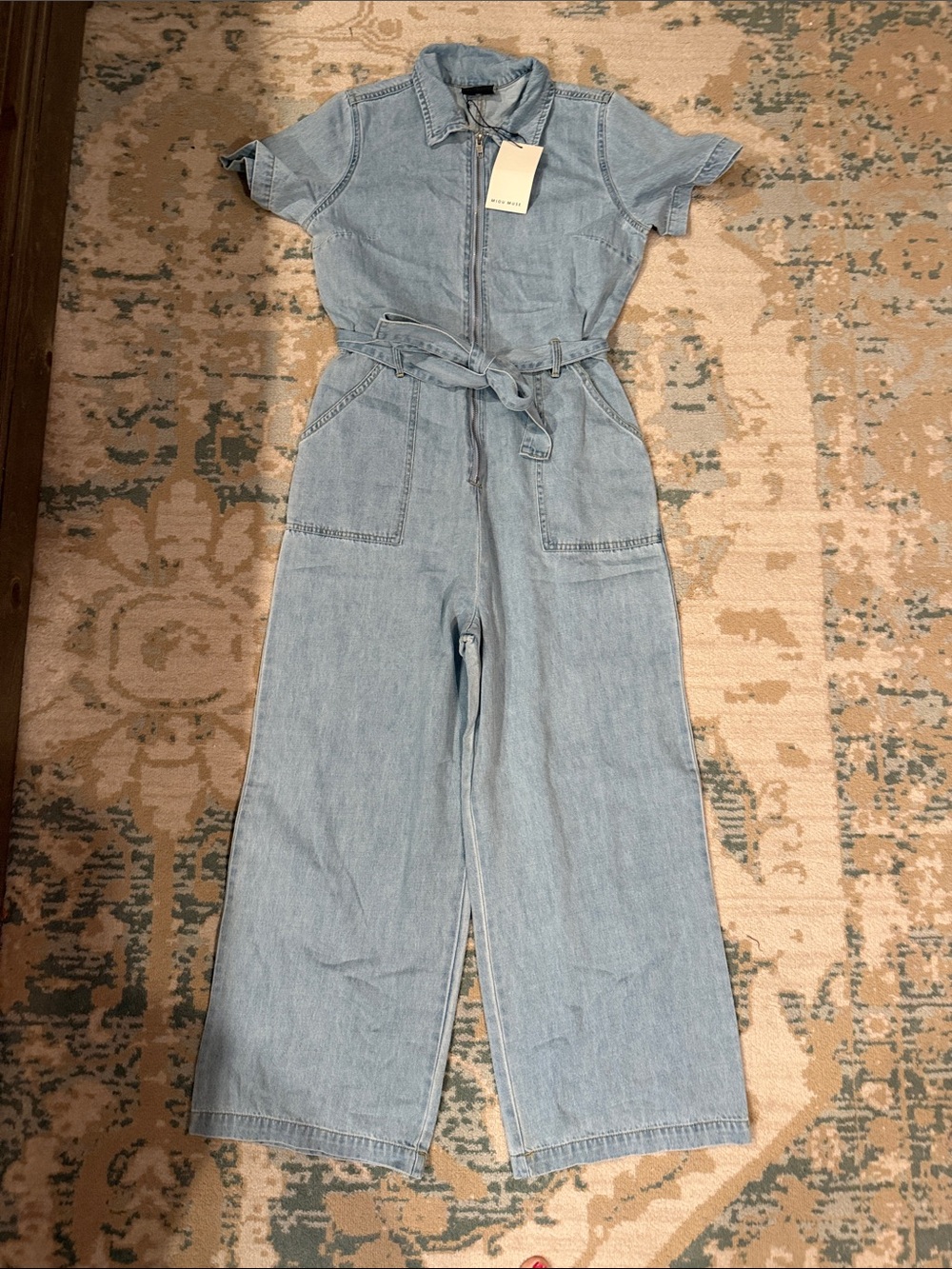 Light Wash Denim Short-Sleeve Utility Jumpsuit with Tie Waist